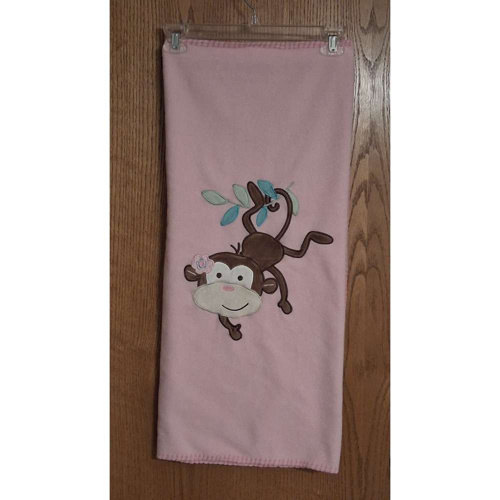 Garanimals Pink Monkey Baby Blanket Fleece Stitch Trim 38"x 28" Excellent